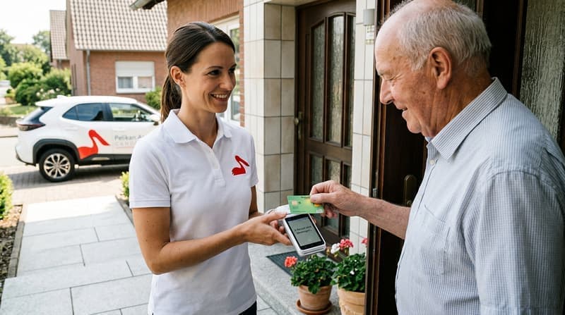 Botin liest E-Rezept mit mobilem Kartenleser an der Haustür ein